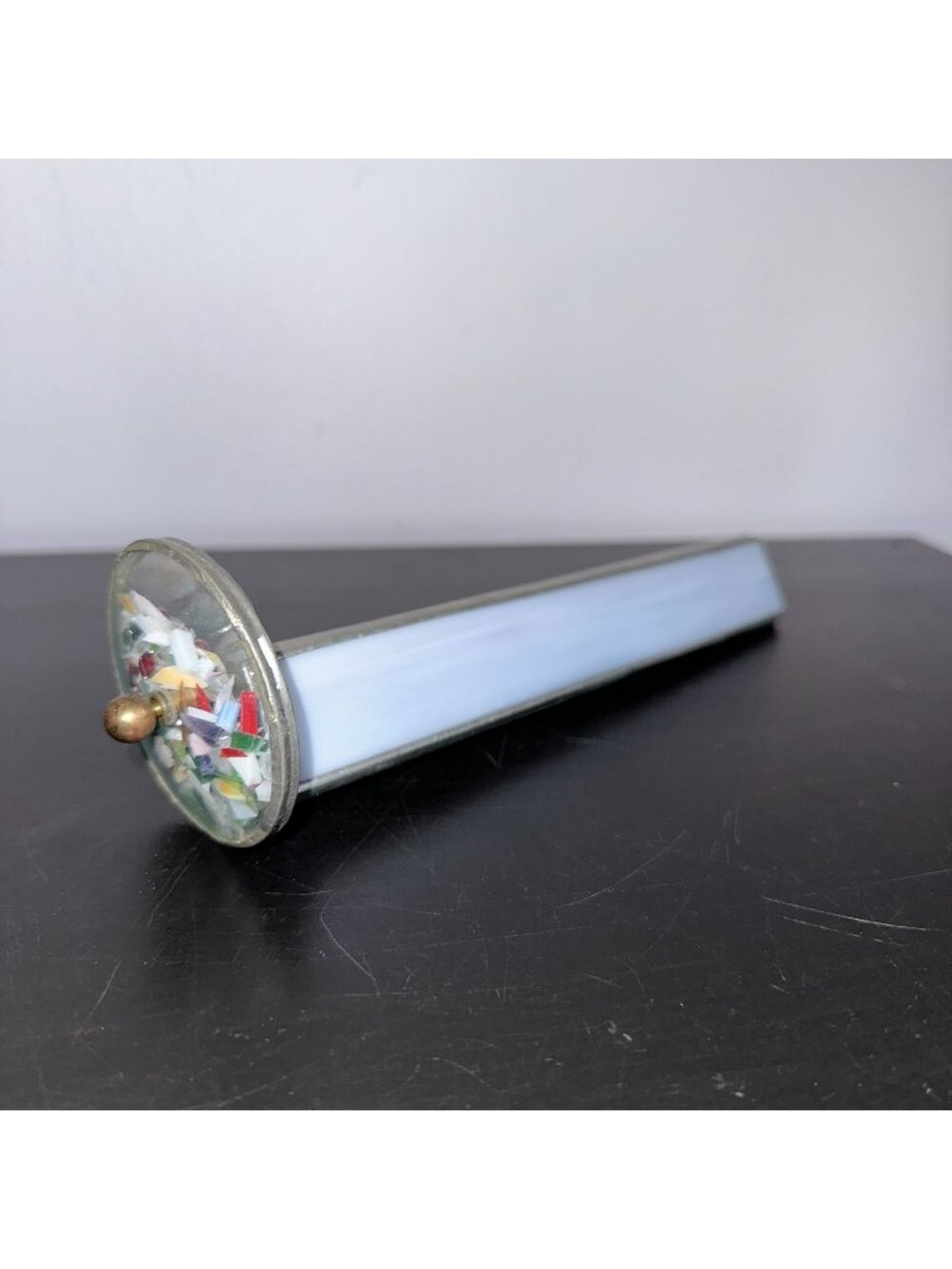 Vintage Handmade Tumble Wheel Kaleidoscope Blue with Glass Chips Colorful